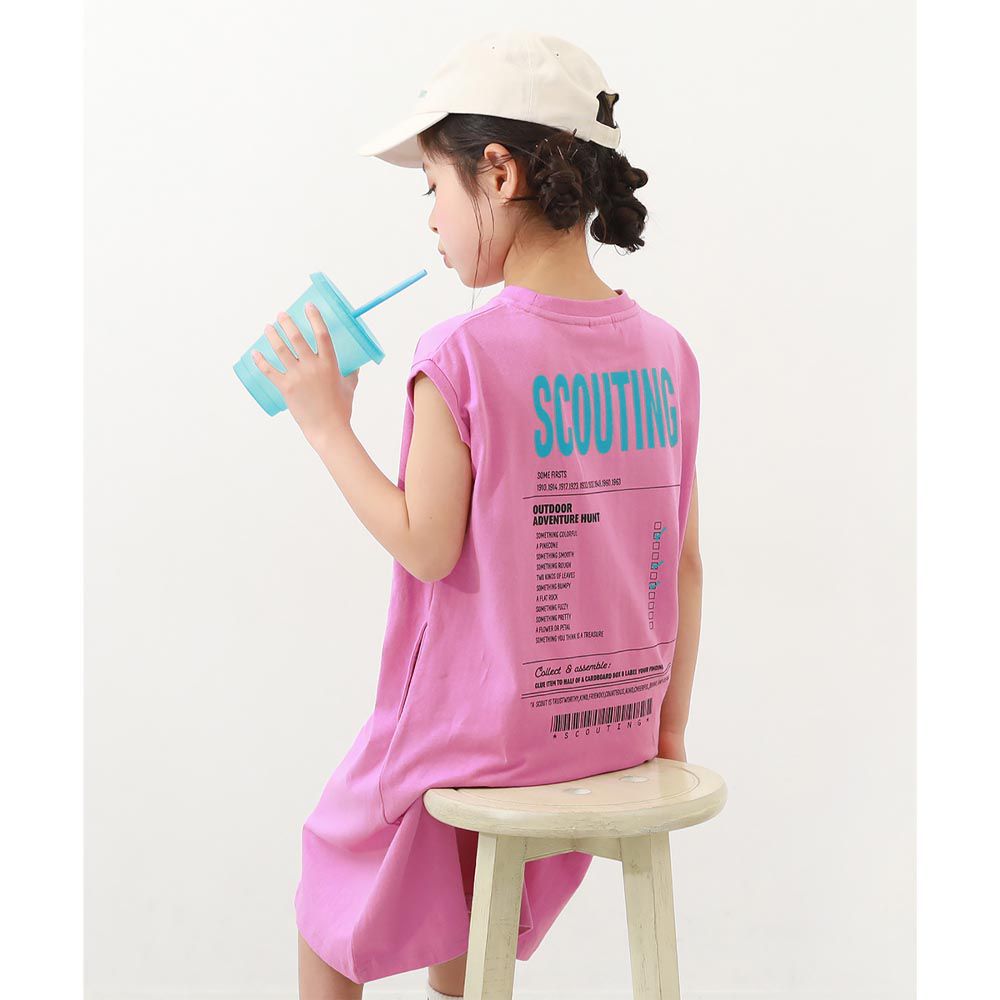 日本 devirock - 女孩印花法式袖休閒洋裝-英文標語-桃粉