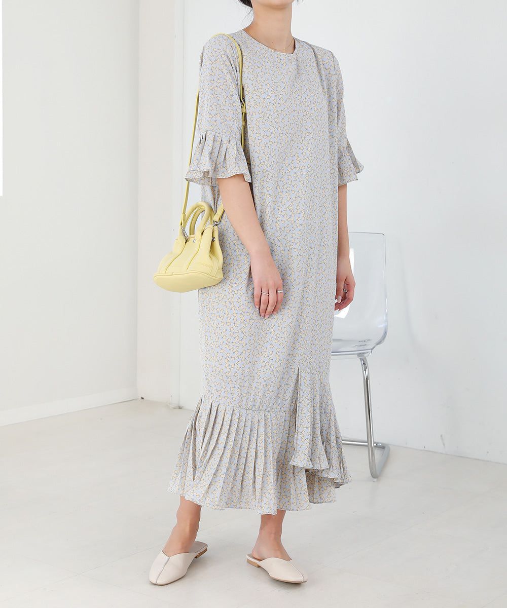 日本 Bab - 圓領碎花糖果袖洋裝-奶油白