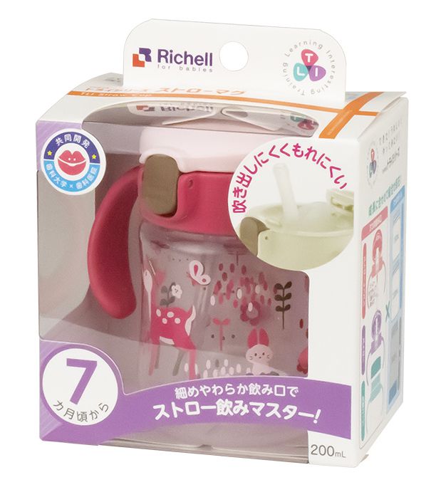 日本 Richell 利其爾 - 花間鹿吸管水杯-200ML-紅/粉-7個月適用