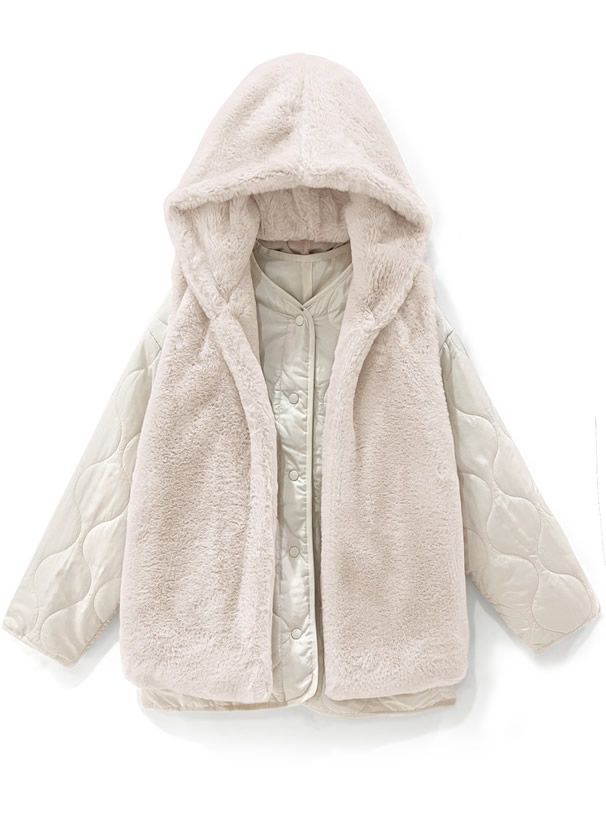 日本 GRL - 毛絨連帽背心x泡泡壓紋鋪棉外套兩件組-米杏 (F)