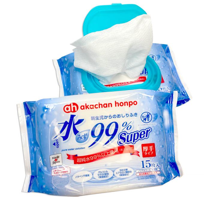 akachan honpo - 水99% Super 新生兒屁屁濕紙巾加厚型15張-隨身包