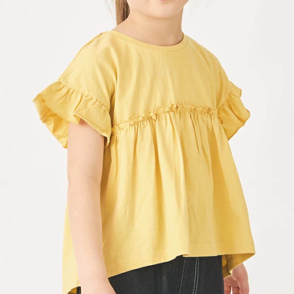 100%棉 定番特色短袖上衣-胸拼接-奶油黃