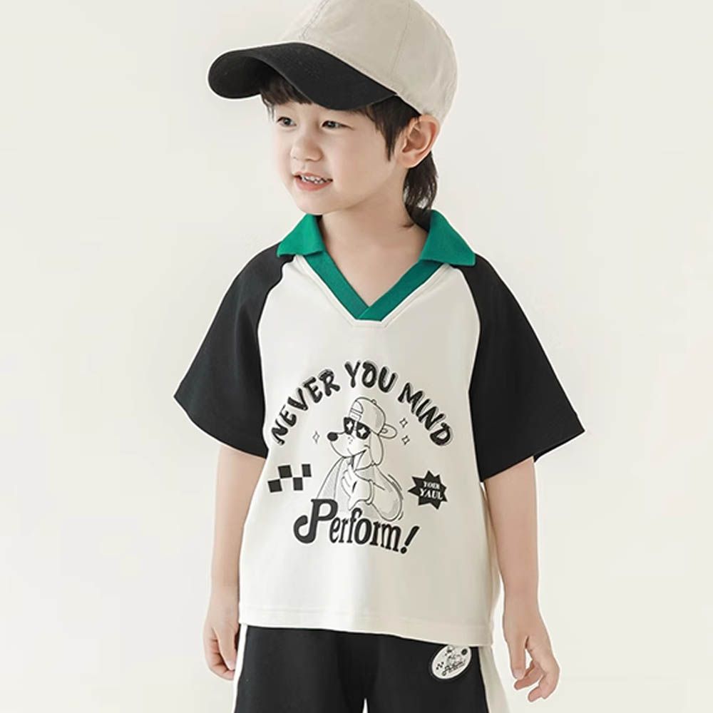 純棉撞色翻領短袖上衣-小狗-拼袖黑