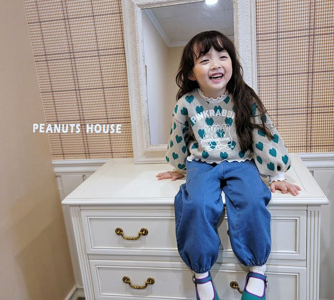 韓國 Peanuts House - 滿版愛心兔兔花領澎袖針織上衣-紅