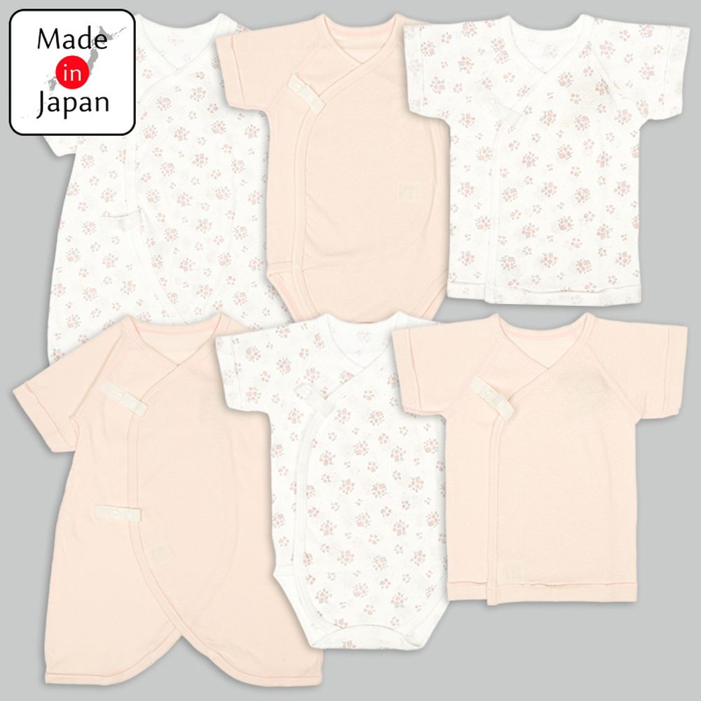 新生兒內衣6件組短袖7分袖羅紋針織布-花-粉紅色 (50~60cm)