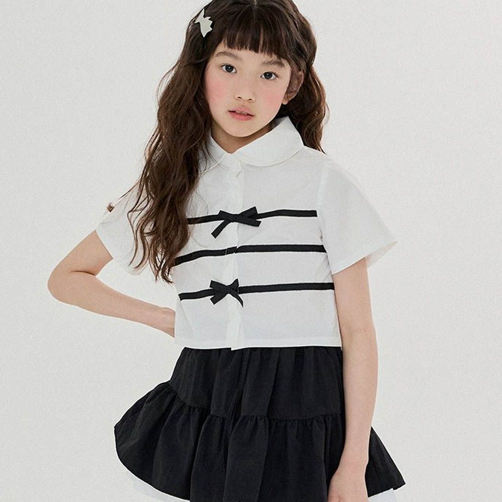 雙絲帶裝飾翻領短袖襯衫-白