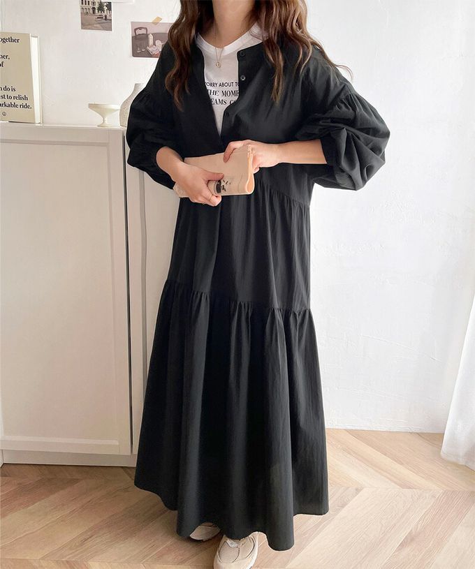 日本 Classical Elf - 百搭分層襯衫領大寬袖洋裝-摩卡