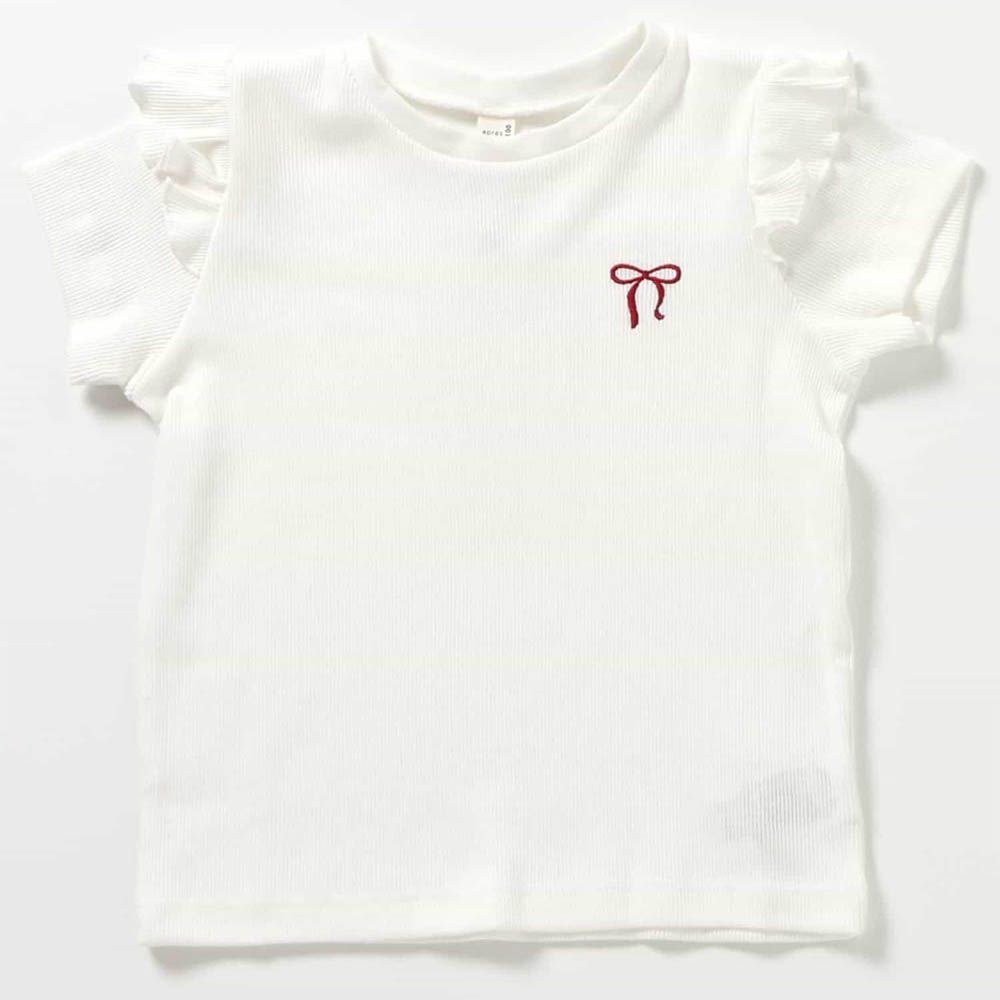 [推薦] 荷葉邊袖羅文短袖上衣-胸前蝴蝶結-白