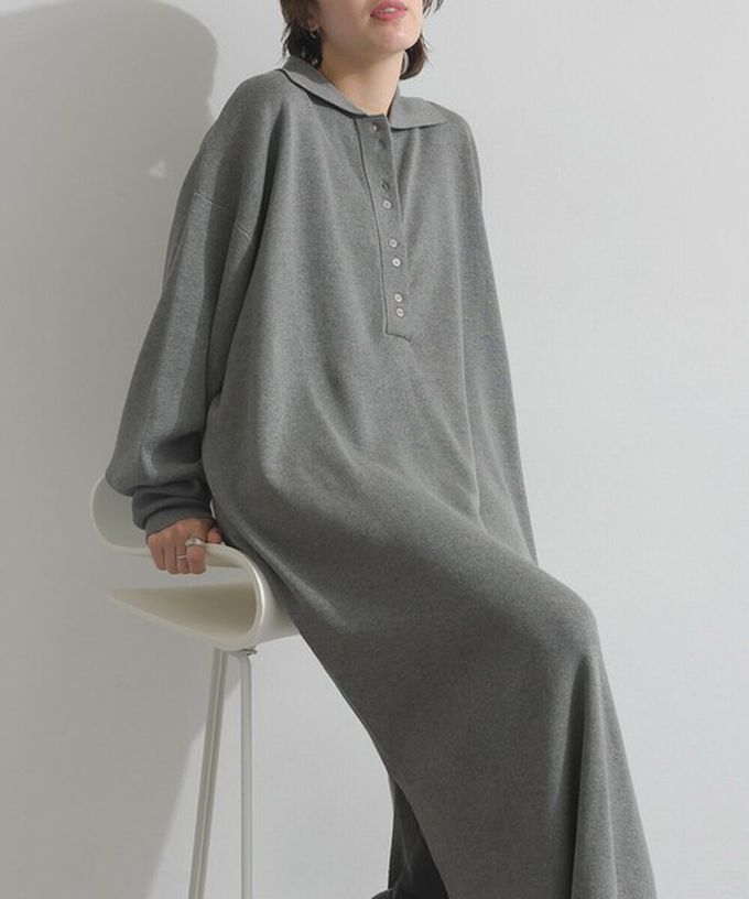 日本 Lupilien - 氣質排扣polo衫針織長袖洋裝-咖啡棕