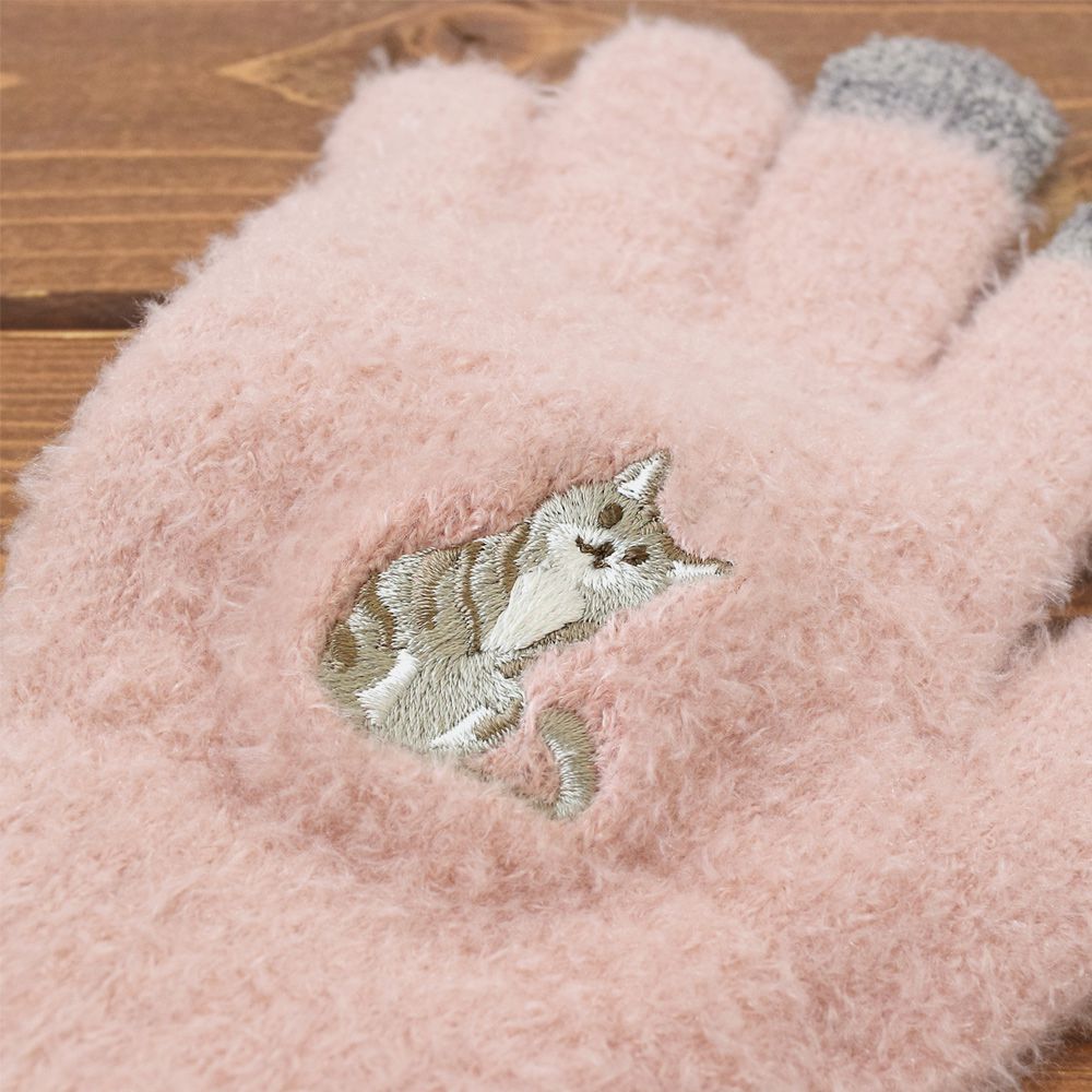 日本 TOMO - (大人)可觸控可愛動物毛絨保暖手套-小灰貓-粉紅