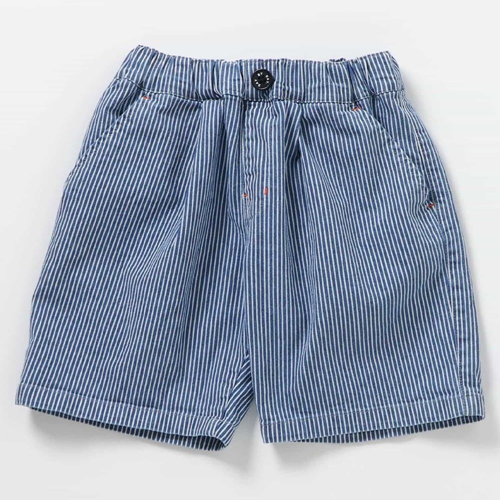 打褶俐落百搭五分褲-藍色直條紋