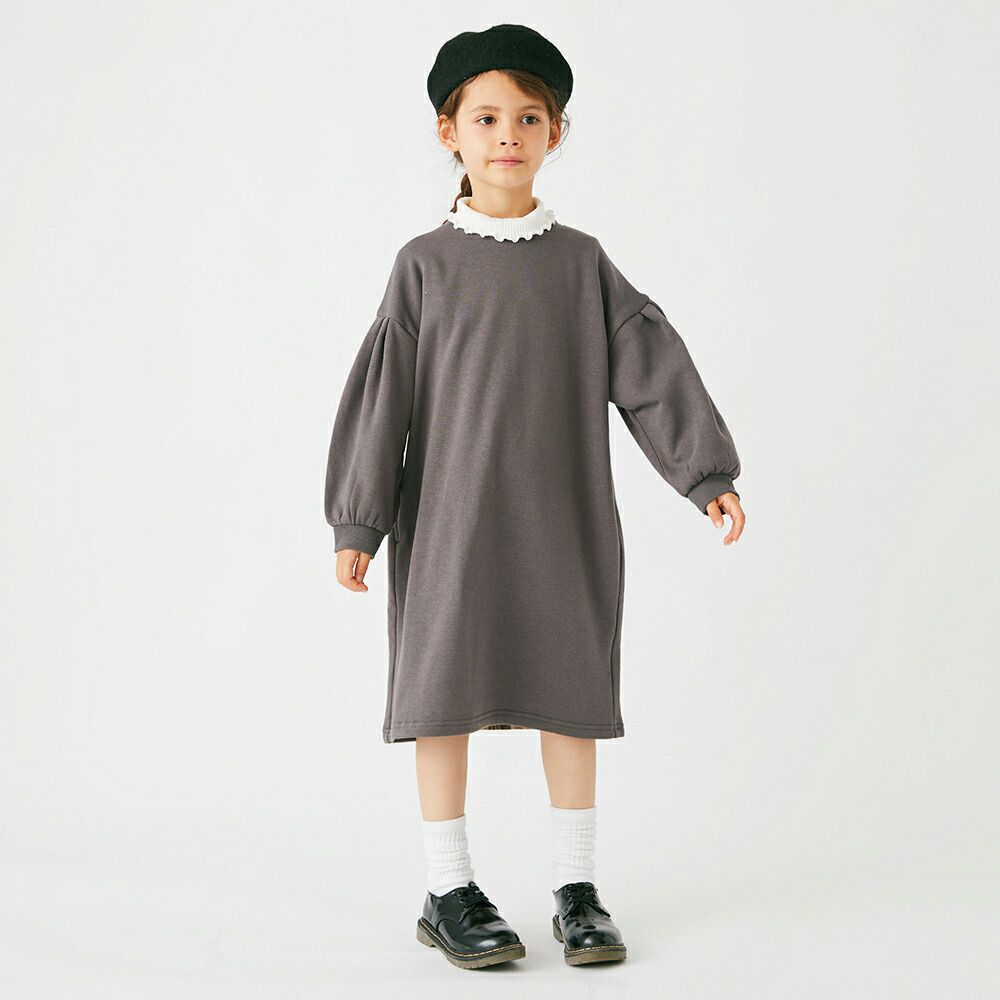 日本 evercloset - 裏毛厚磅背後拼接泡泡長袖洋裝-粉紅