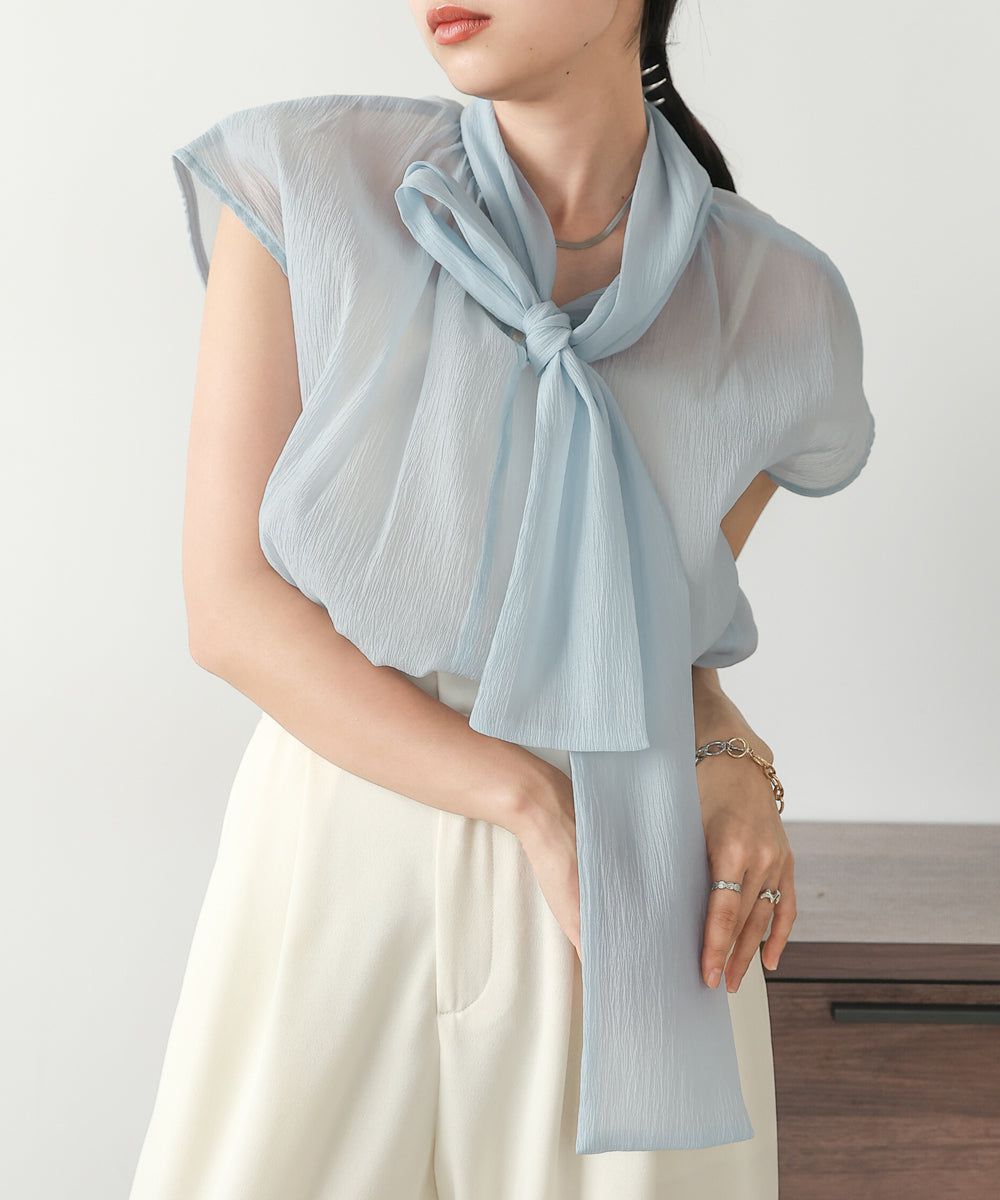 日本 Bab - 歐根紗紐結法式袖上衣-白