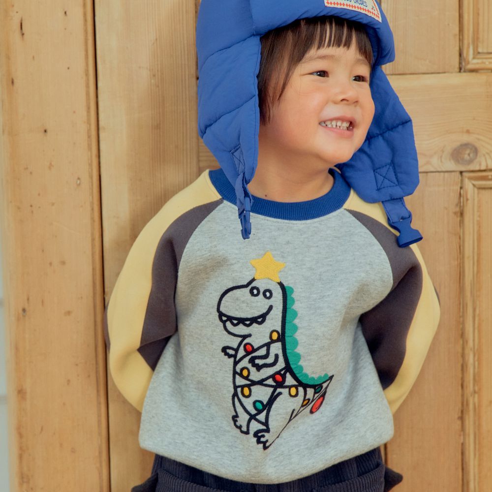 First Blue (內磨毛)恐龍燈飾拼色長袖大學T-深藍領-灰