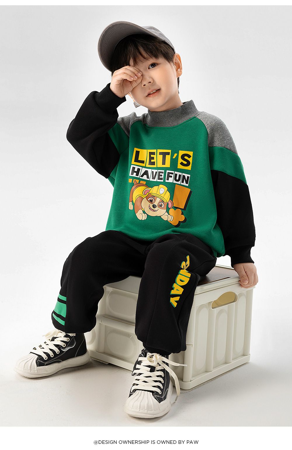 卡通汪汪隊加絨半高領長袖套裝-卡通人物阿奇-灰色