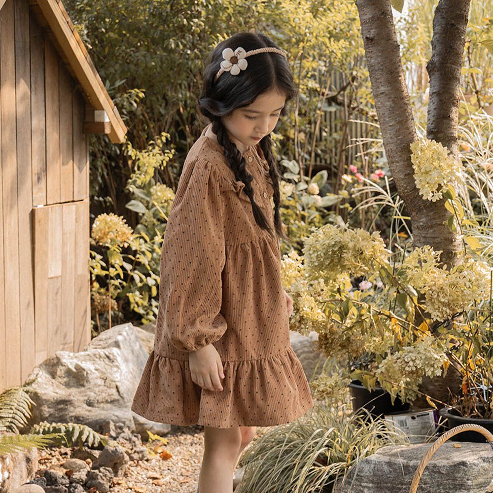 (附髮箍)溫柔點點燈芯絨長袖洋裝-摩卡咖
