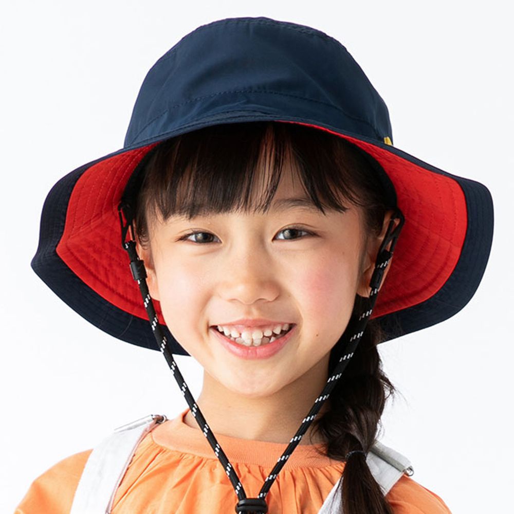 日本 irodori - 抗UV可捲收防潑水遮陽帽(附防風帽帶)-兒童款-深藍x紅內裏 (54cm)