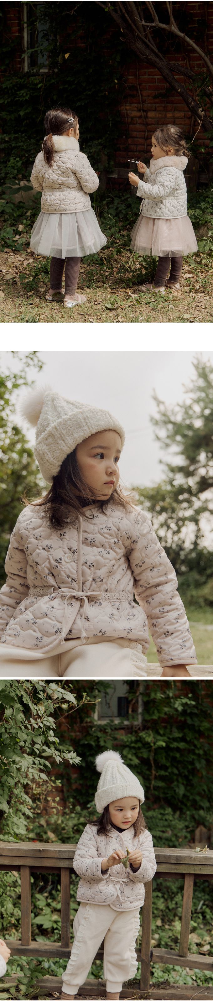 韓國 Puellaflo - 小花無領鋪棉綁帶絎縫外套-淡粉