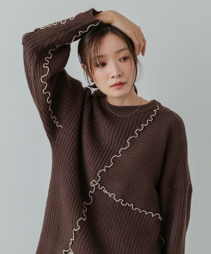 日本 Bab - 柔美曲線點綴寬鬆感針織上衣-灰藍