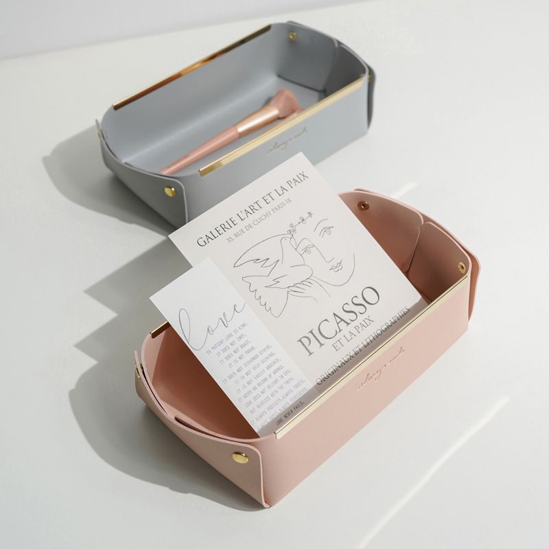 北歐簡約風皮質桌面收納盒-淺口款-灰色