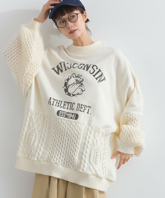 日本 Lupilien - 鬥牛犬印花粗針織拼接裏毛長袖上衣-海軍藍