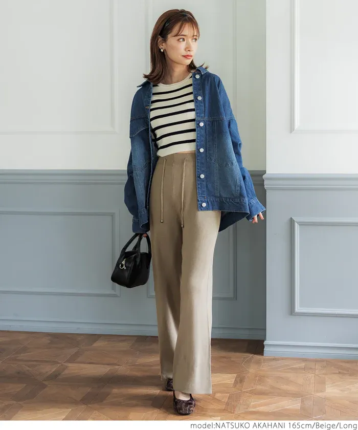 日本 COCA - 百搭美腿針織彈性垂墜寬褲-軍綠