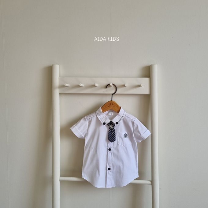 韓國 AIDA - 學院風領帶裝飾短袖襯衫-白