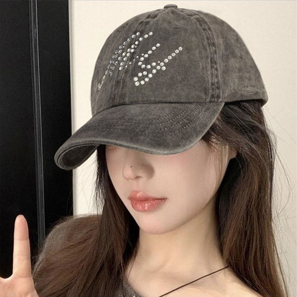 水鑽貼字街頭刷色感棒球帽-黑灰 (F)