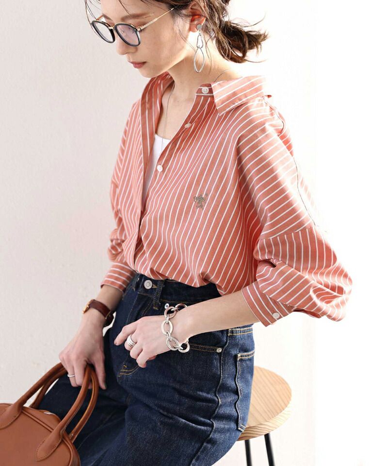 日本 Classical Elf - 胸前刺繡直條紋長袖襯衫-水藍