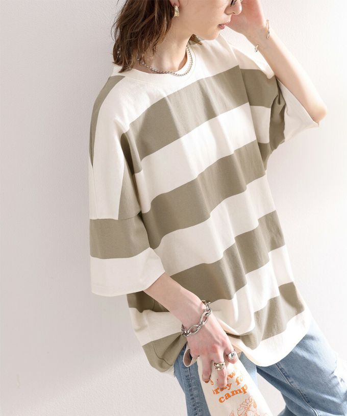 日本 Classical Elf - Java 純棉寬條紋落肩五分袖上衣-果綠x米杏