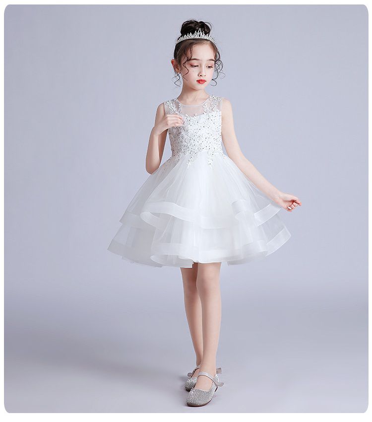 蕾絲網紗無袖澎澎紗裙-亮片小花-白色