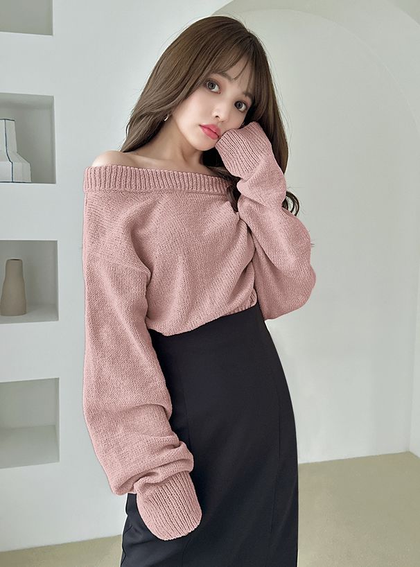 日本 GRL - 甜美一字領針織毛衣-春櫻粉 (F)