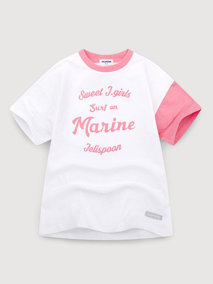 韓國 Jelispoon - 美式撞色袖長版落肩上衣-淡粉X深藍