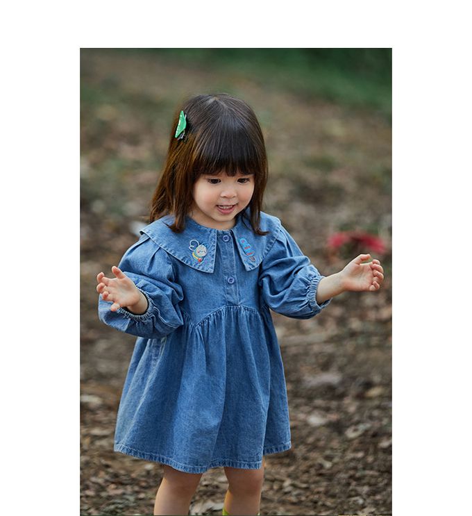純棉百搭長袖牛仔連身裙-勤勞小蜜蜂-牛仔藍