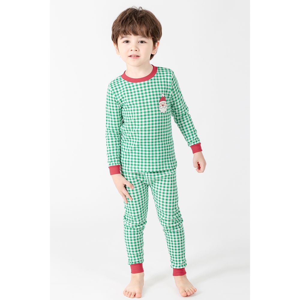 韓製30支純棉柔軟長袖家居服-格紋聖誕老人-綠