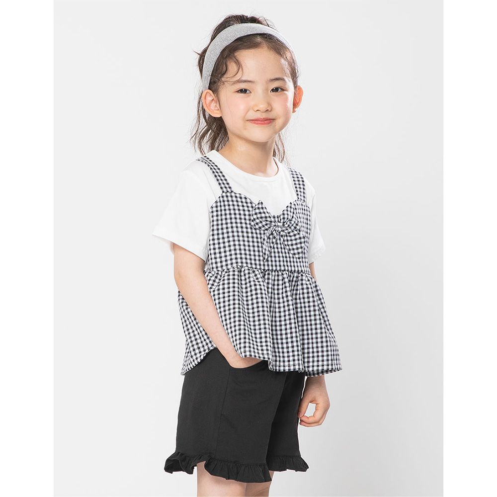 假兩件格紋短袖上衣X短褲套裝-白X黑