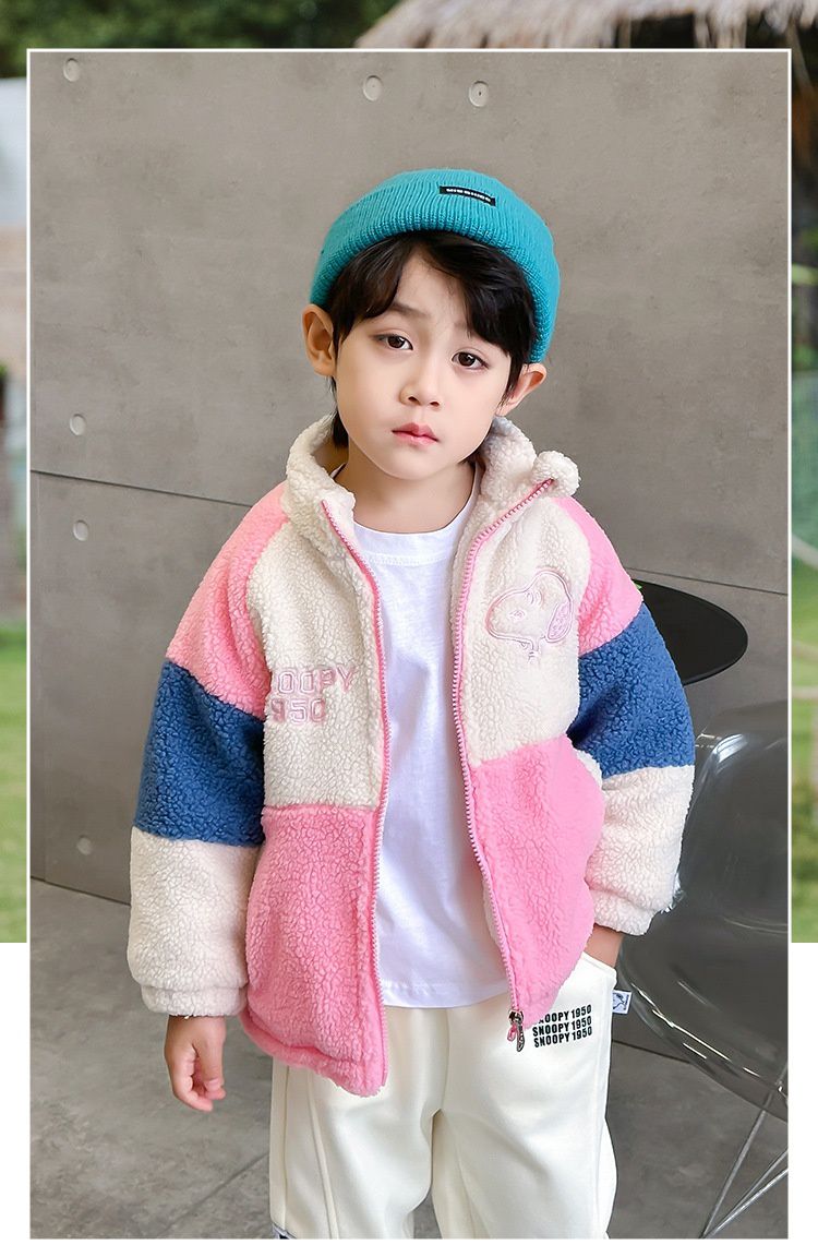 卡通人物史努比羊羔絨半高領拼色外套-SNOOPY刺繡-橘色