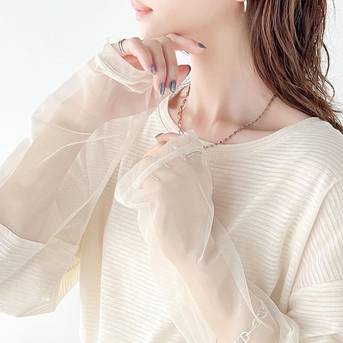 日本 Classical Elf - 寬鬆感薄紗拼接長袖上衣-指孔設計-炭灰