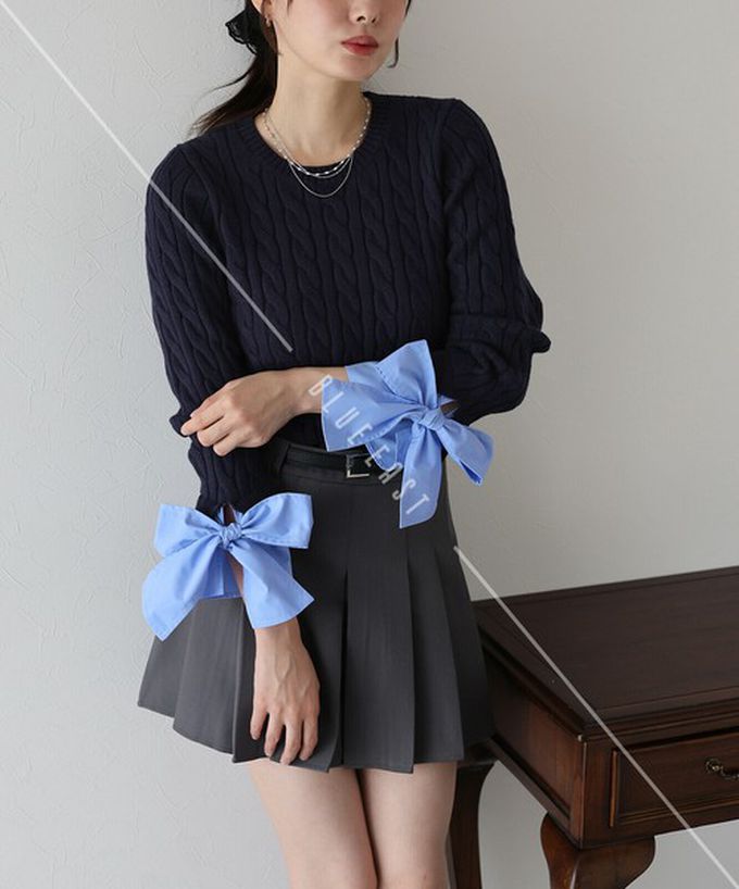 日本 BLUE EAST - 亮麗蝴蝶結緞帶袖麻花針織上衣-象牙白