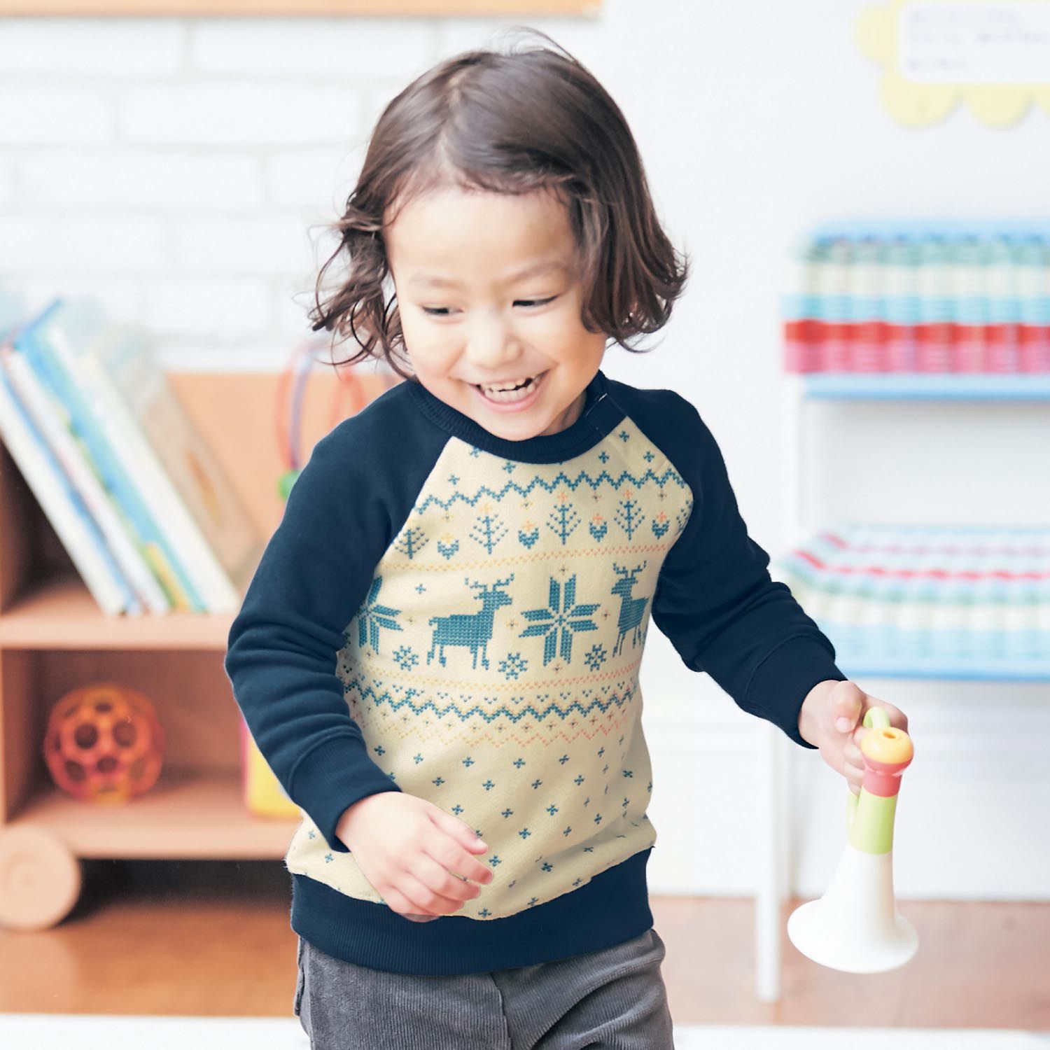 日本千趣會 - (小童) 純棉裏毛長T-復古汽車-綠