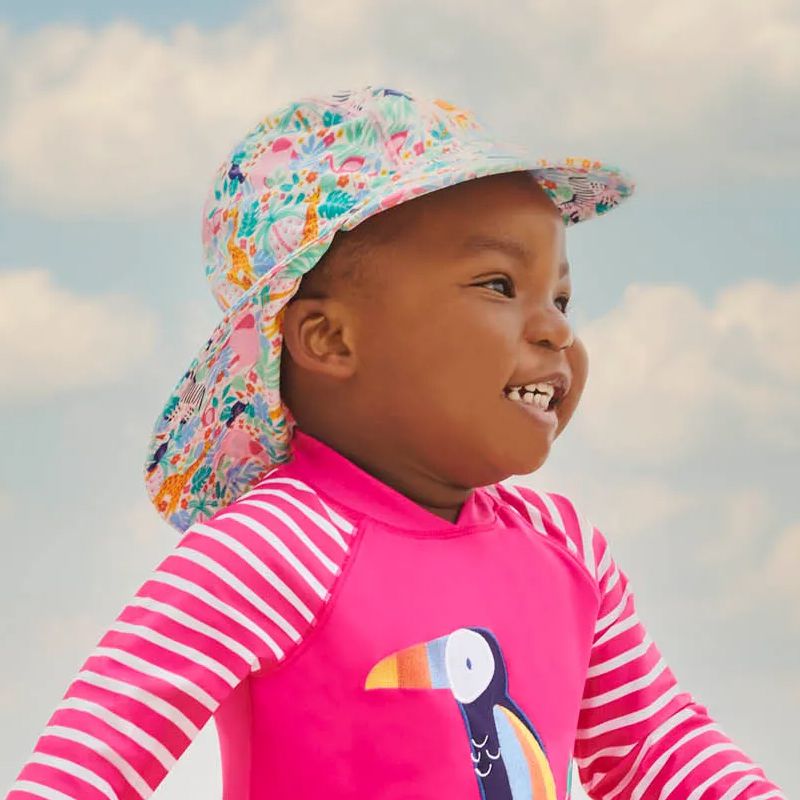 英國 JoJo Maman BeBe - 嬰幼兒/兒童泳裝戲水UPF50+防曬護頸遮陽帽-七彩花園