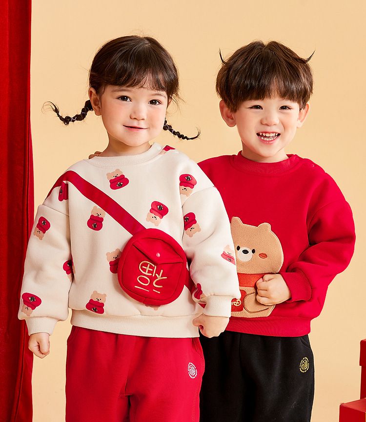 加絨喜氣洋洋長袖上衣-福氣熊熊-紅色