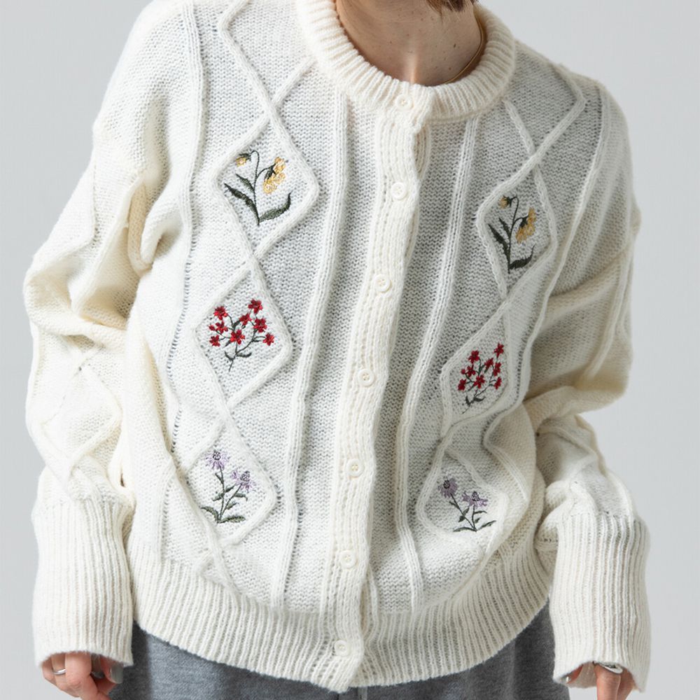 文藝風小花刺繡立體針織開襟衫-白