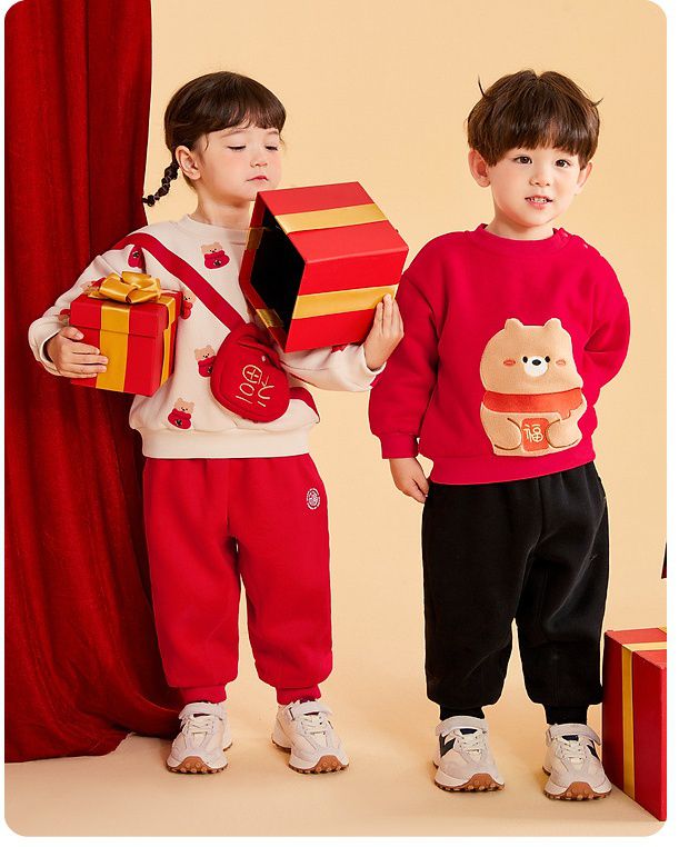 加絨喜氣洋洋長袖上衣-福氣熊熊-紅色