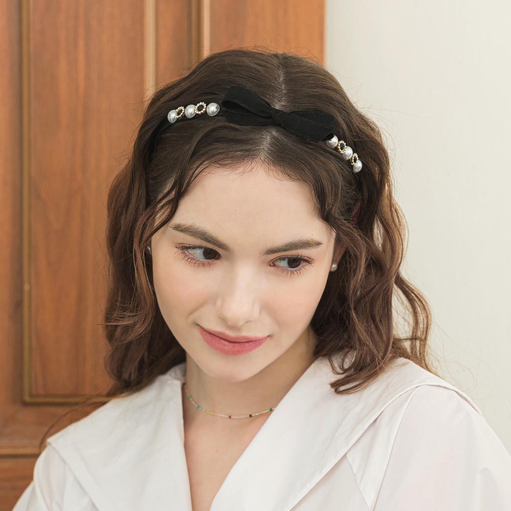 韓國 Chenny Bong Bong - 珍珠寶石裝飾蝴蝶結髮箍-黑