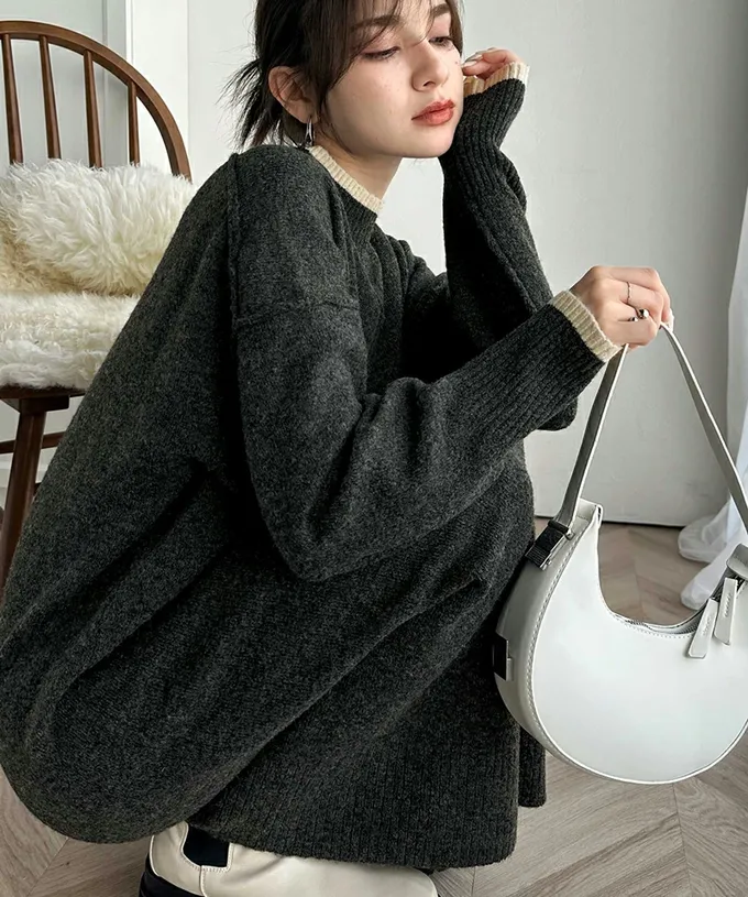 日本 Classical Elf - 溫暖滾邊小立領優雅針織長袖洋裝-米