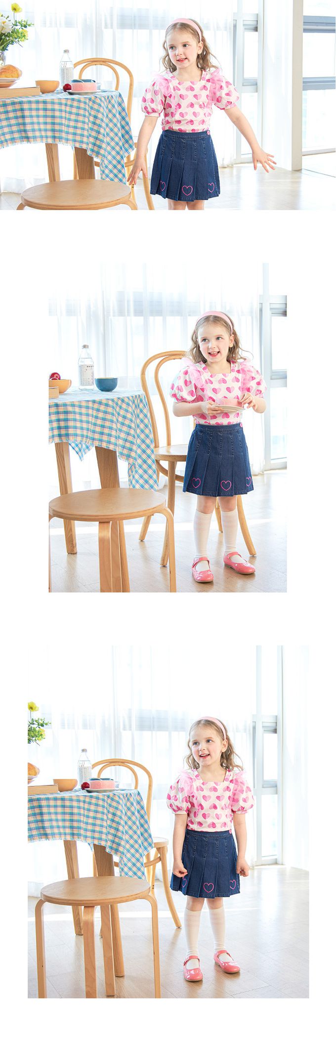 韓國 WALTON kids - 桃粉愛心網紗點綴方領上衣