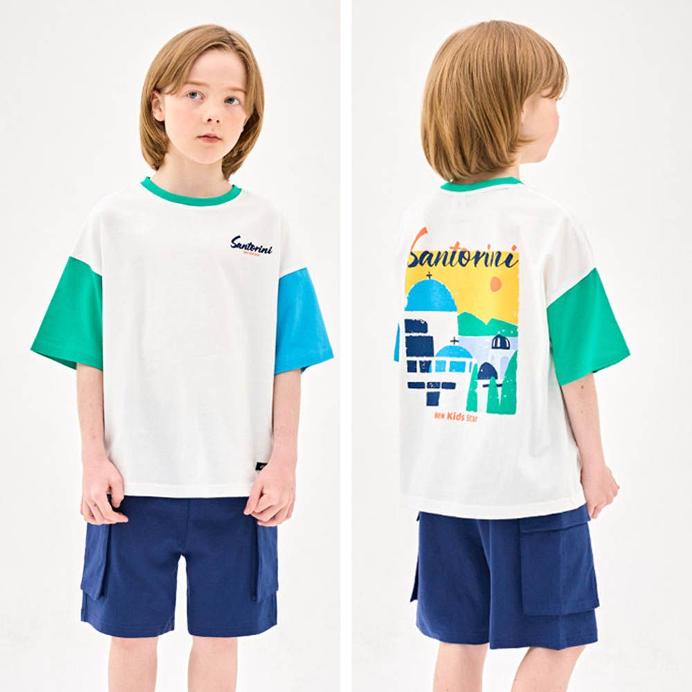 陽光地中海插畫短袖套裝-白X深藍