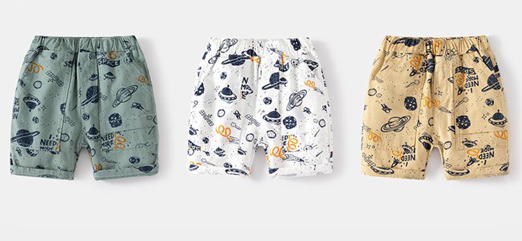 WELLKIDS - 腰鬆緊休閒五分褲-太空星球-卡其黃