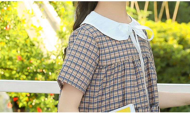 娃娃領短袖蛋糕裙洋裝-格紋-卡其+深藍